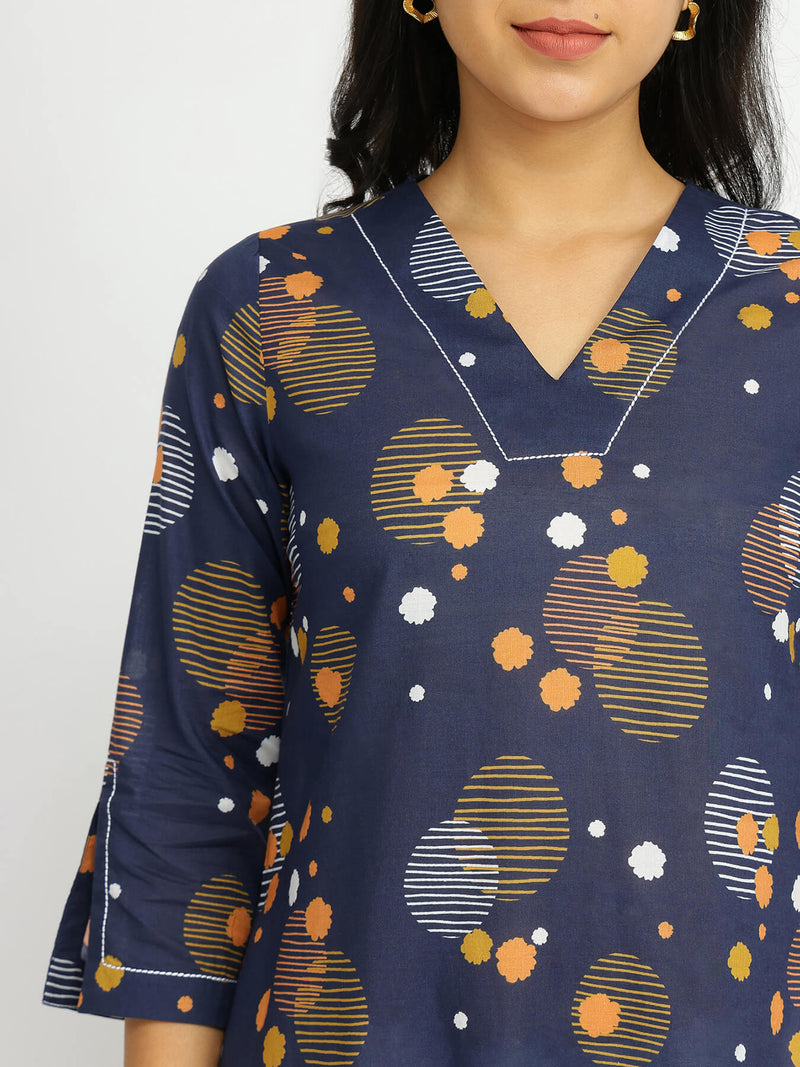 Cotton Asymmetric Print Play Kurta - Navy Blue