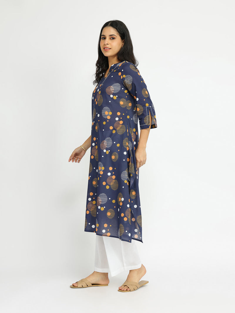 Cotton Asymmetric Print Play Kurta - Navy Blue