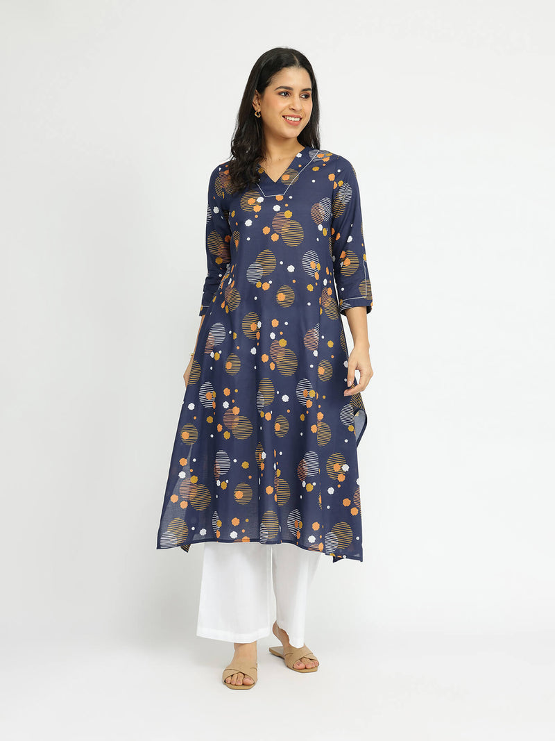 Cotton Asymmetric Print Play Kurta - Navy Blue