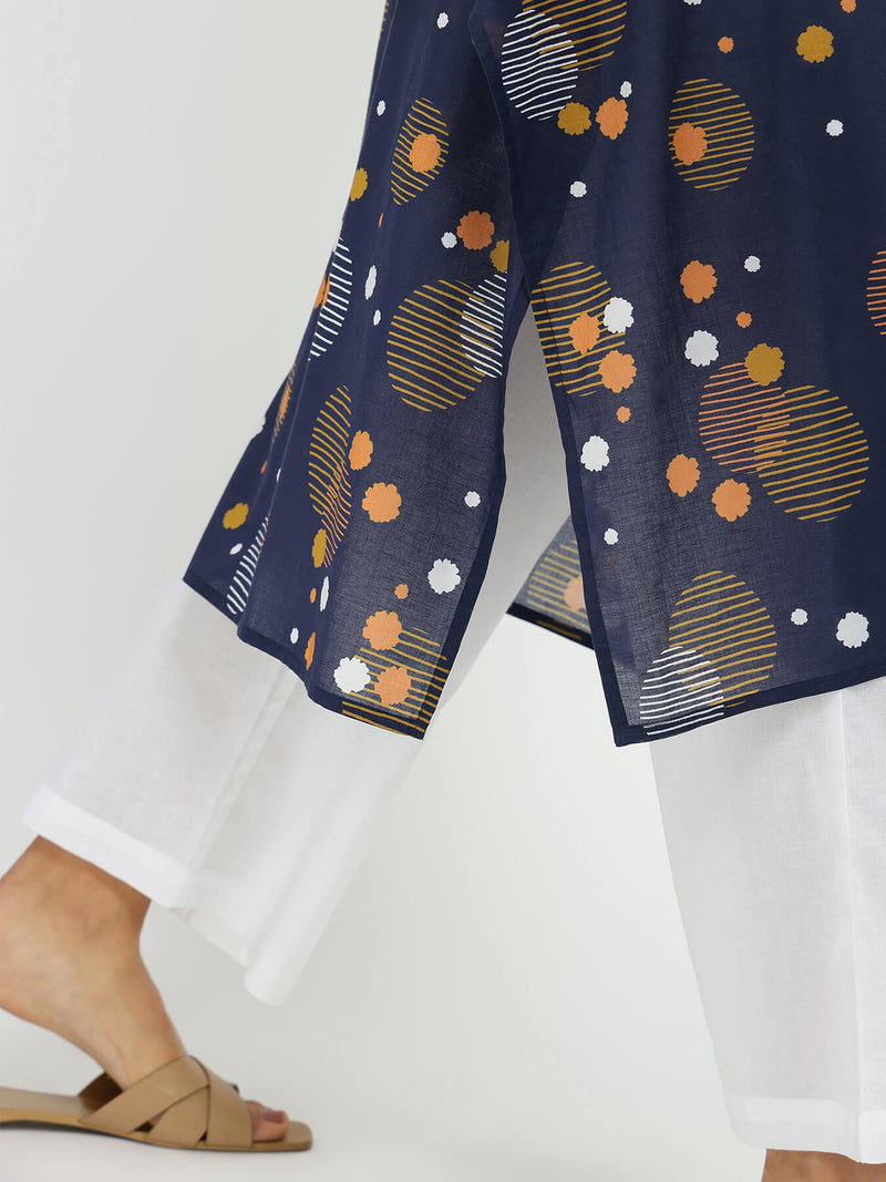 Cotton Asymmetric Print Play Kurta - Navy Blue