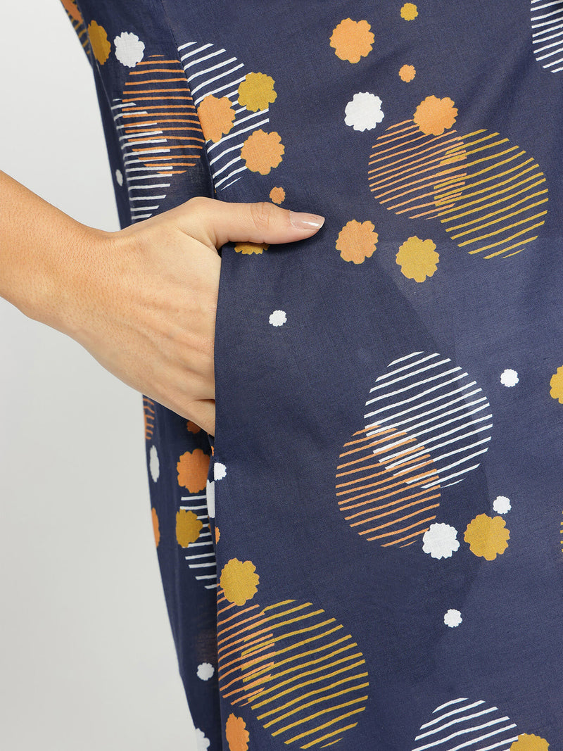 Cotton Asymmetric Print Play Kurta - Navy Blue
