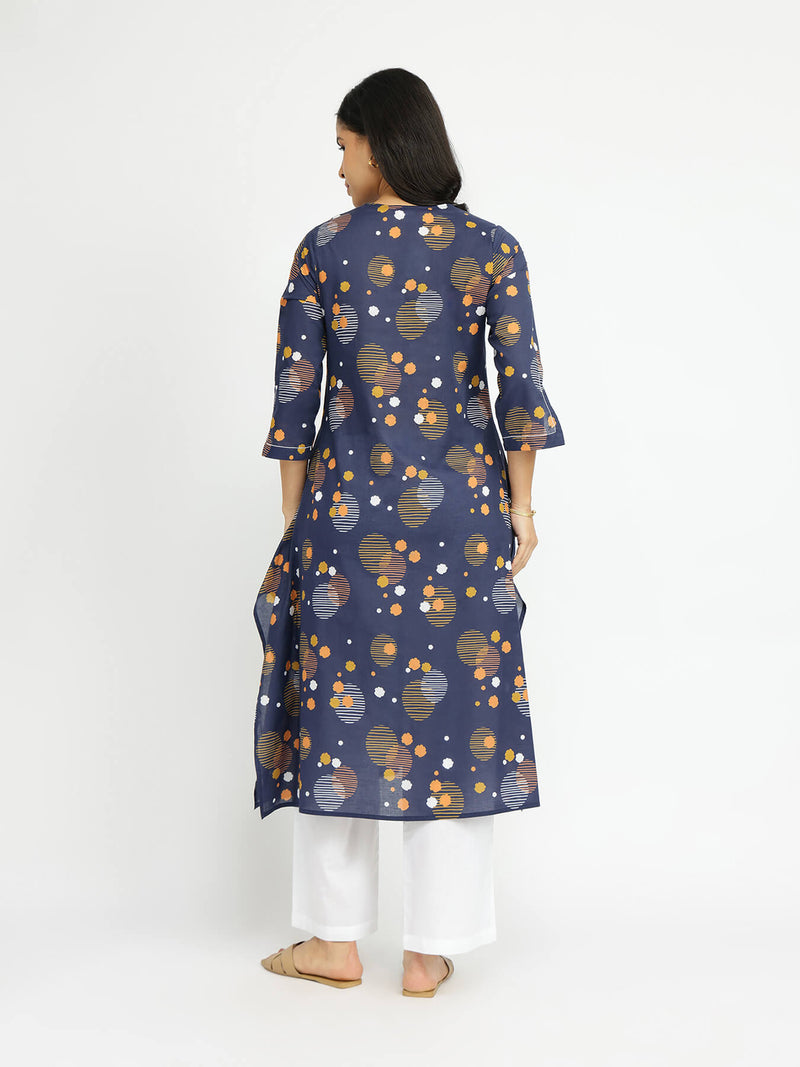 Cotton Asymmetric Print Play Kurta - Navy Blue