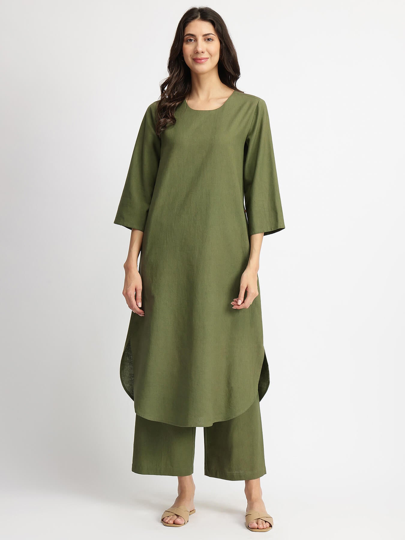 Linen Blend Solid Kurta Set - Olive