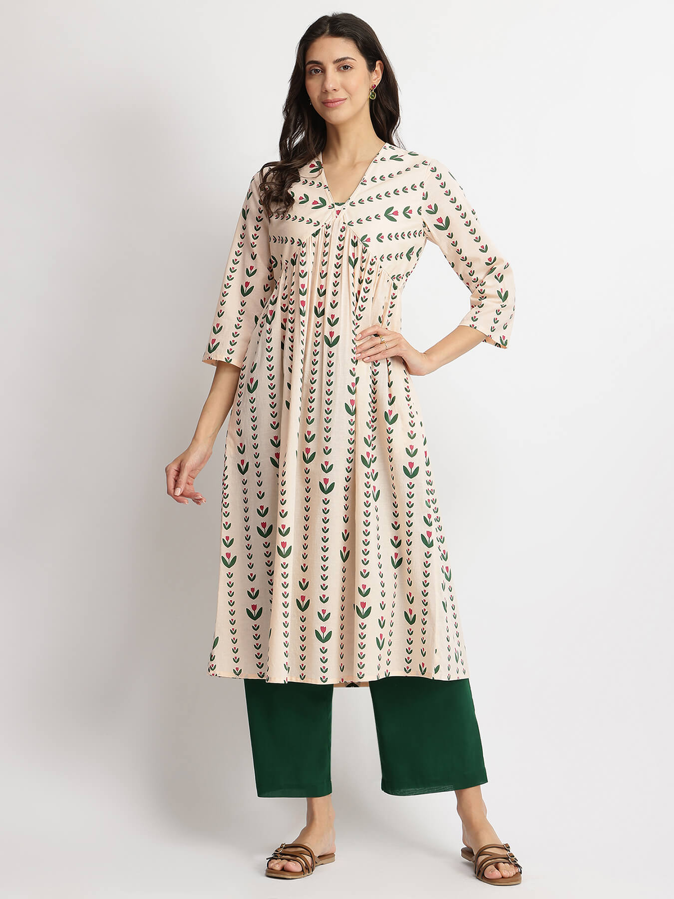 Cotton Floral Motif Kurta Set - Off-White & Green