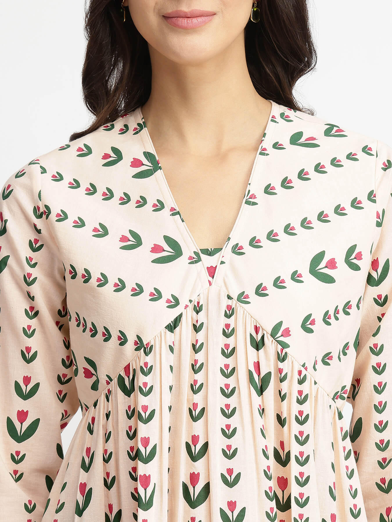 Cotton Floral Motif Kurta Set - Off-White & Green
