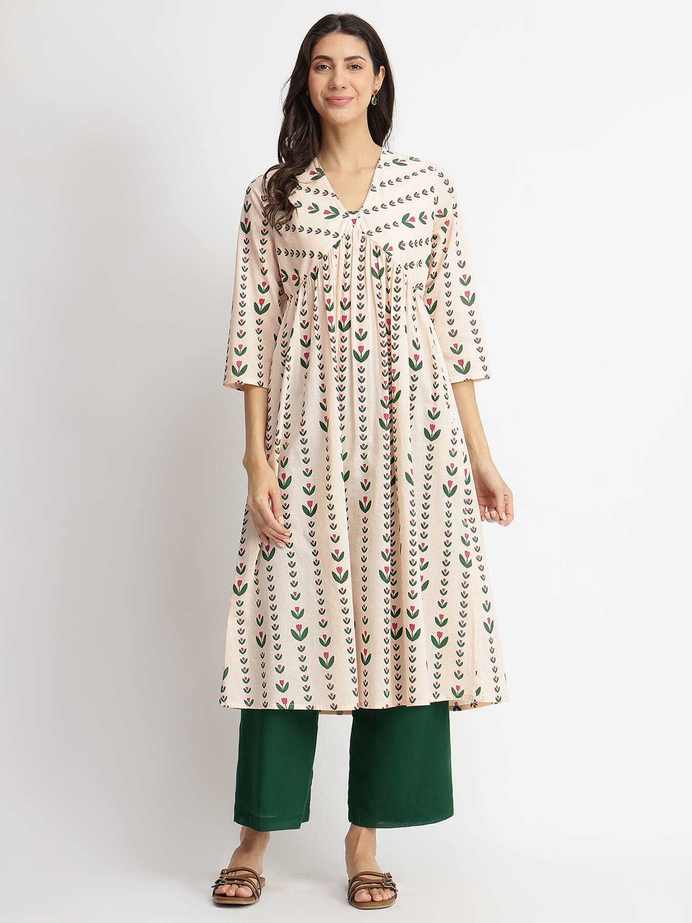 Cotton Floral Motif Kurta Set - Off-White & Green