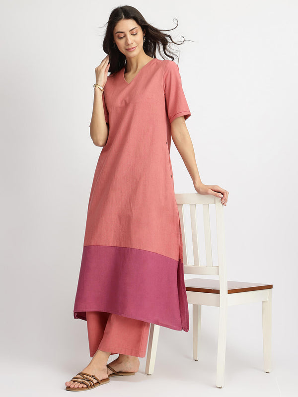 Linen Blend Colourblock A-Line Kurta Set - Pink