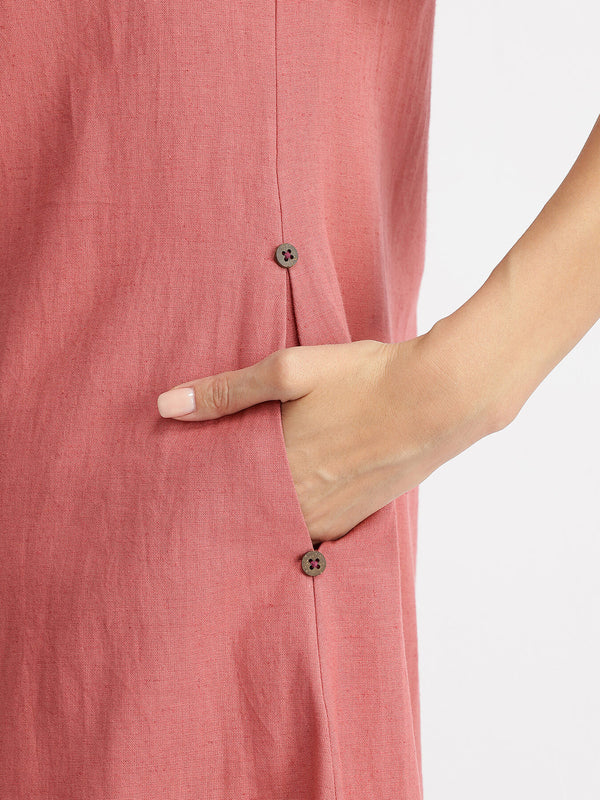 Linen Blend Colourblock A-Line Kurta Set - Pink