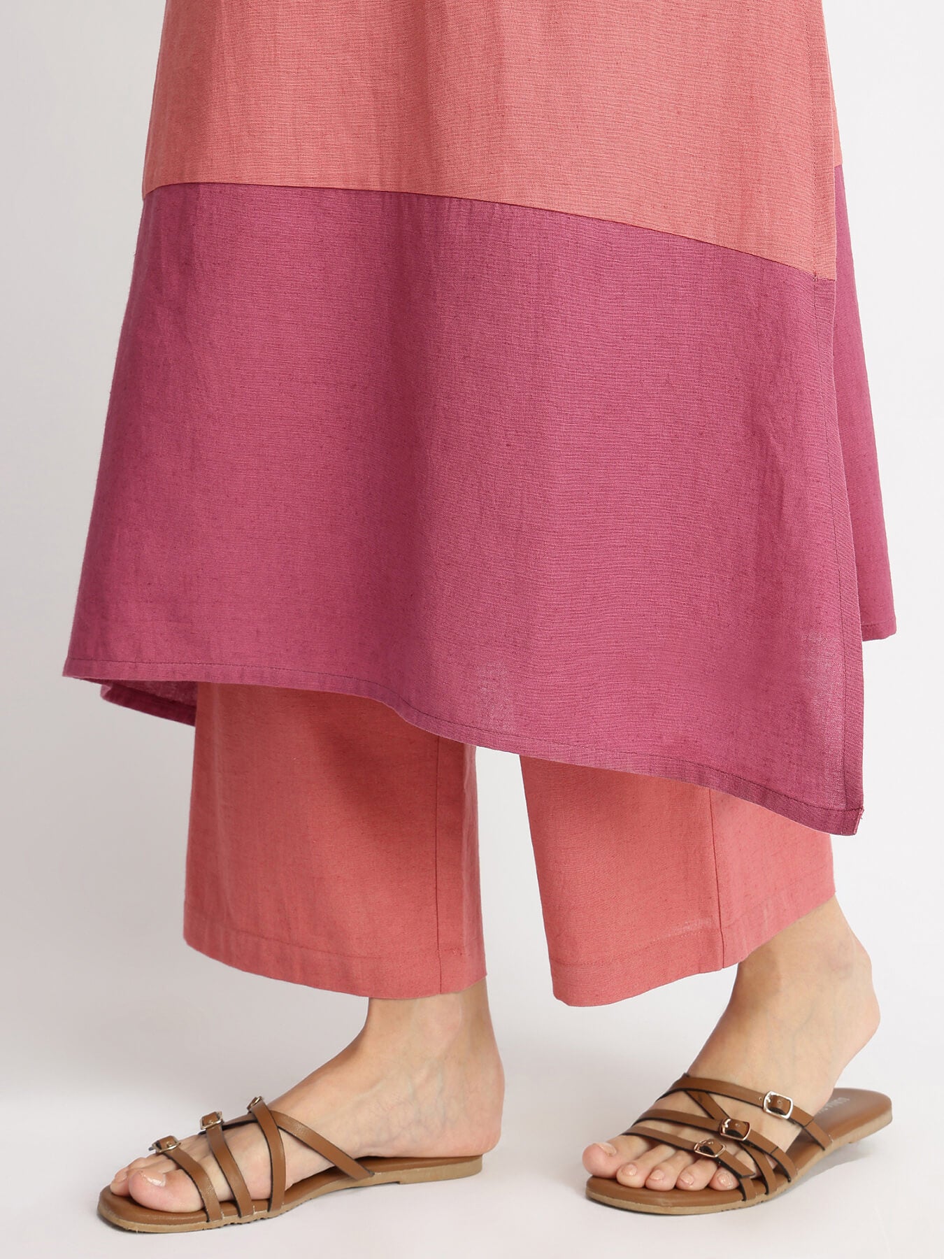 Linen Blend Colourblock A-Line Kurta Set - Pink