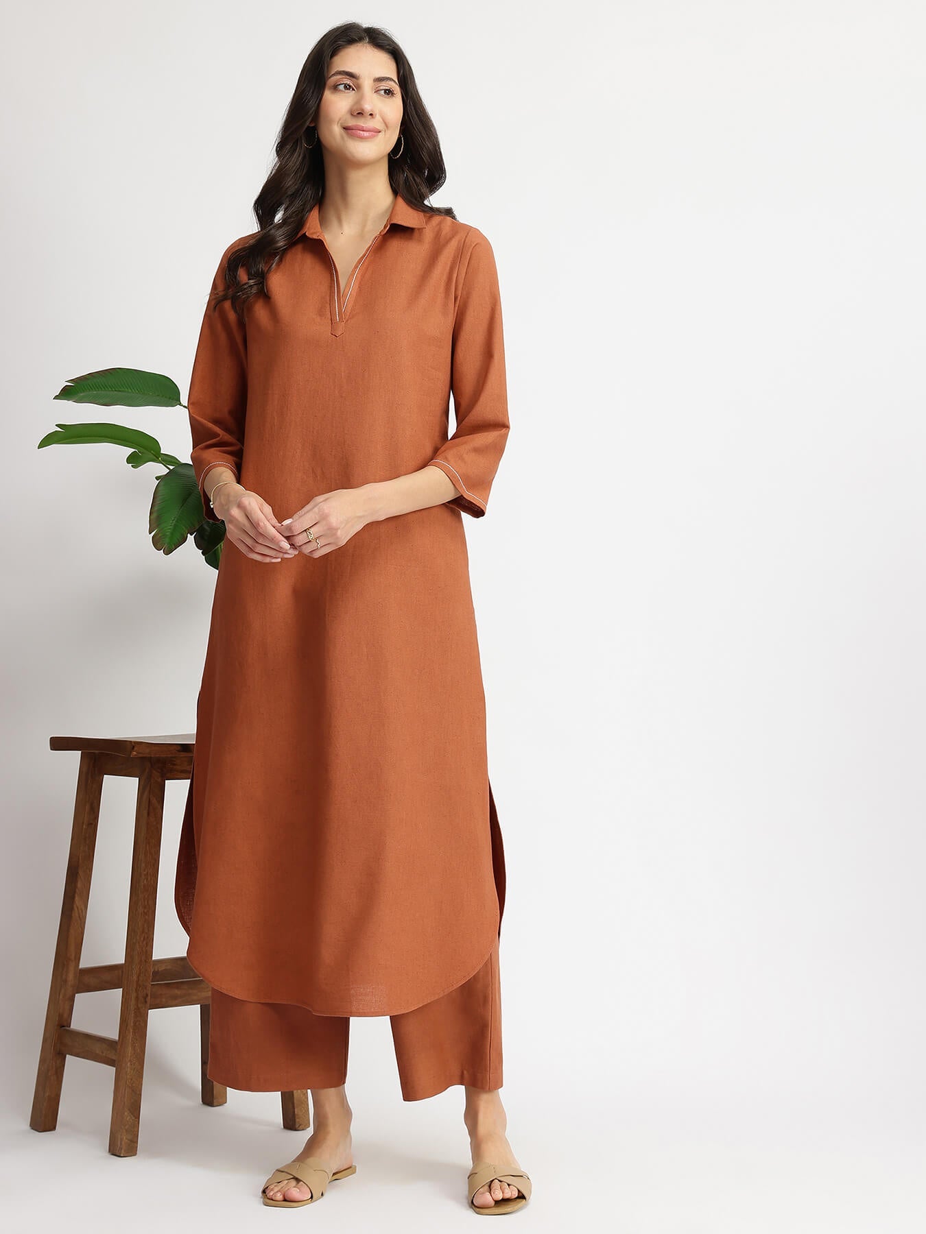 Linen Blend Solid Kurta Set - Rust