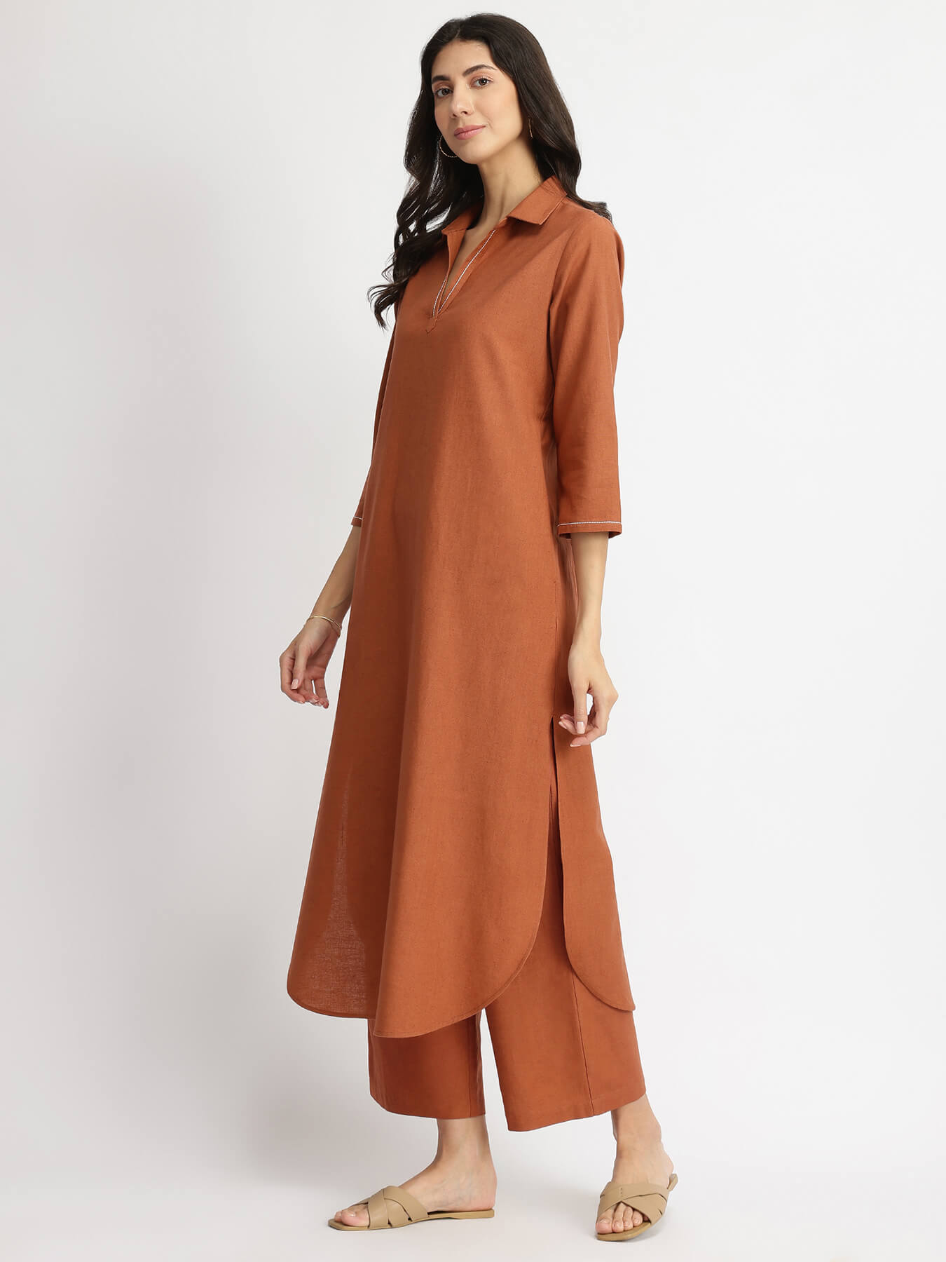Linen Blend Solid Kurta Set - Rust