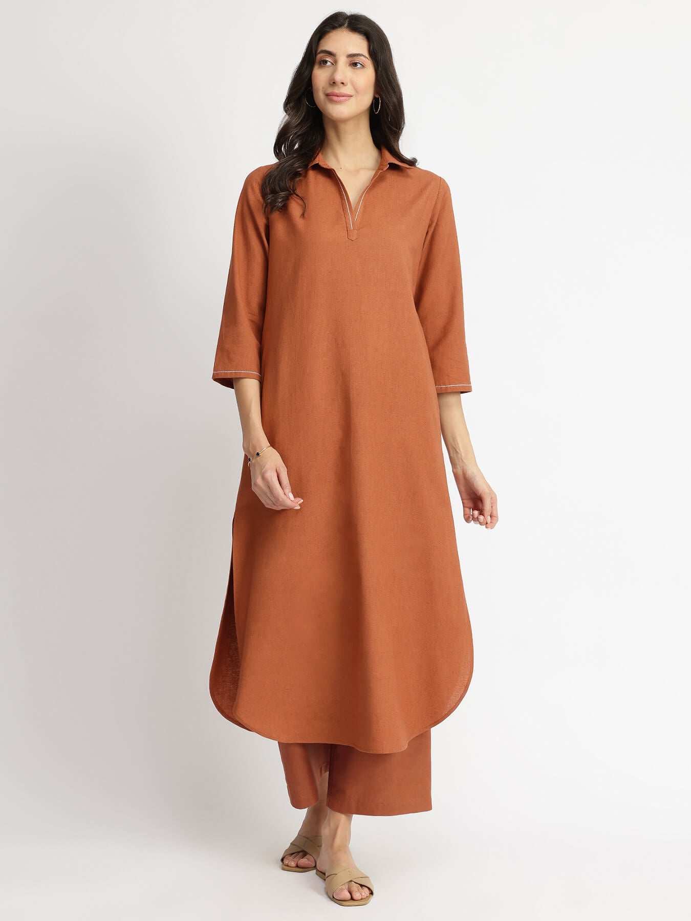 Linen Blend Solid Kurta Set - Rust