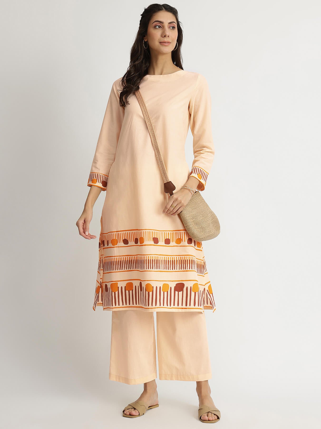 Cotton Geometric Print Kurta Set - Beige