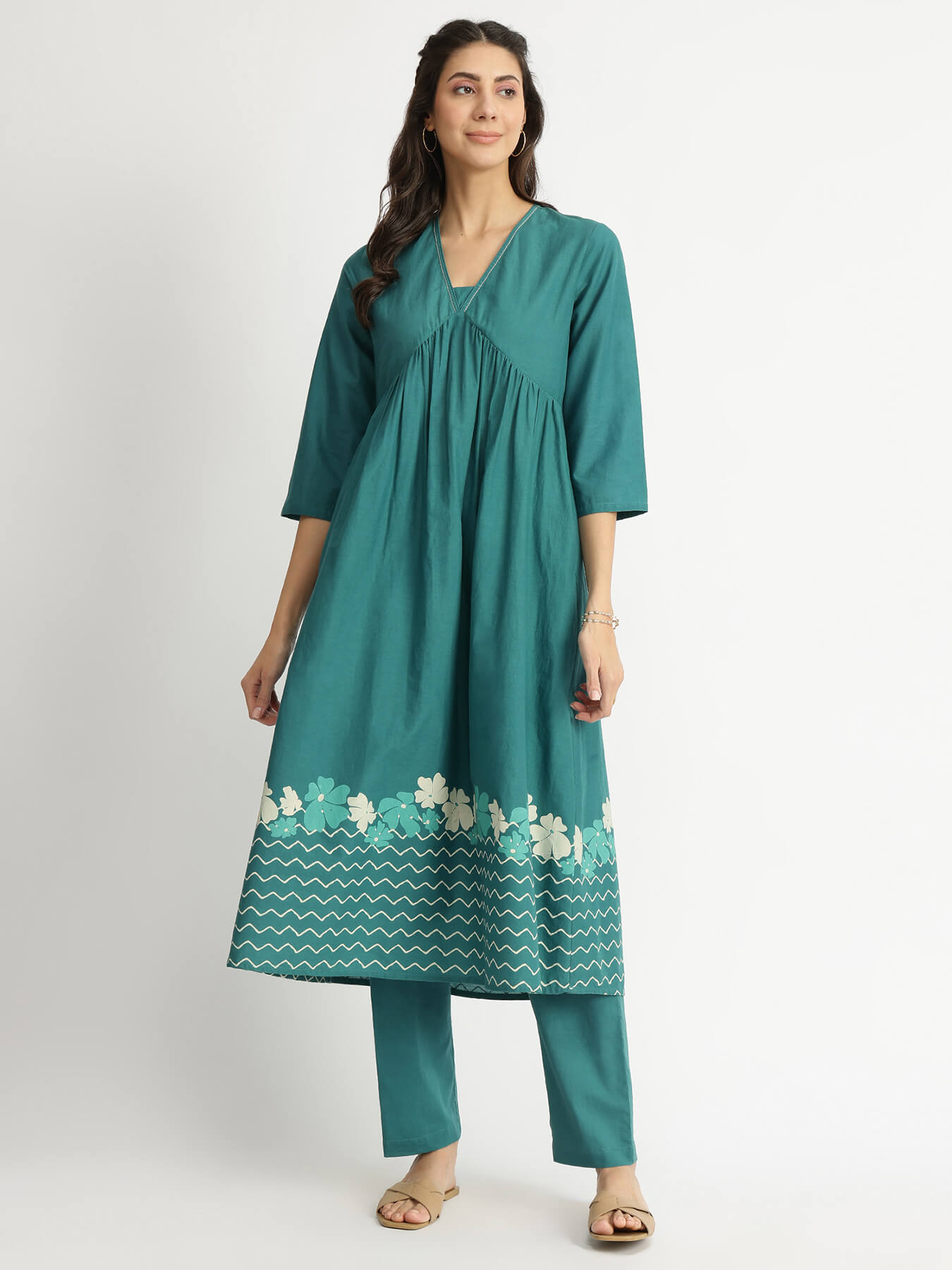 Cotton Floral Placement Print Kurta Set - Teal