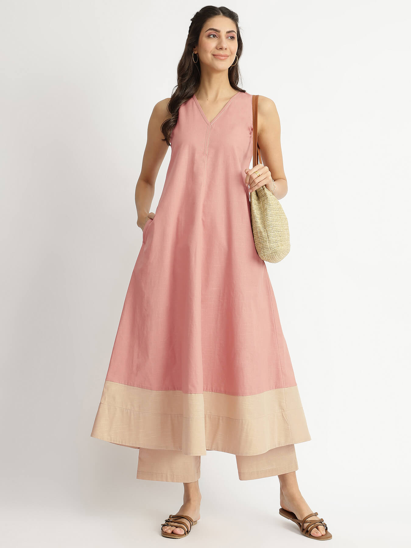 Linen Blend Colourblock A-Line Kurta Set - Peach & Beige