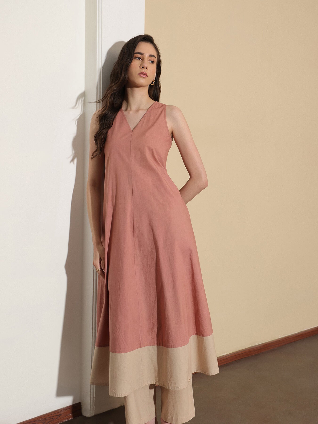 Linen Blend Colourblock A-Line Kurta Set - Peach & Beige