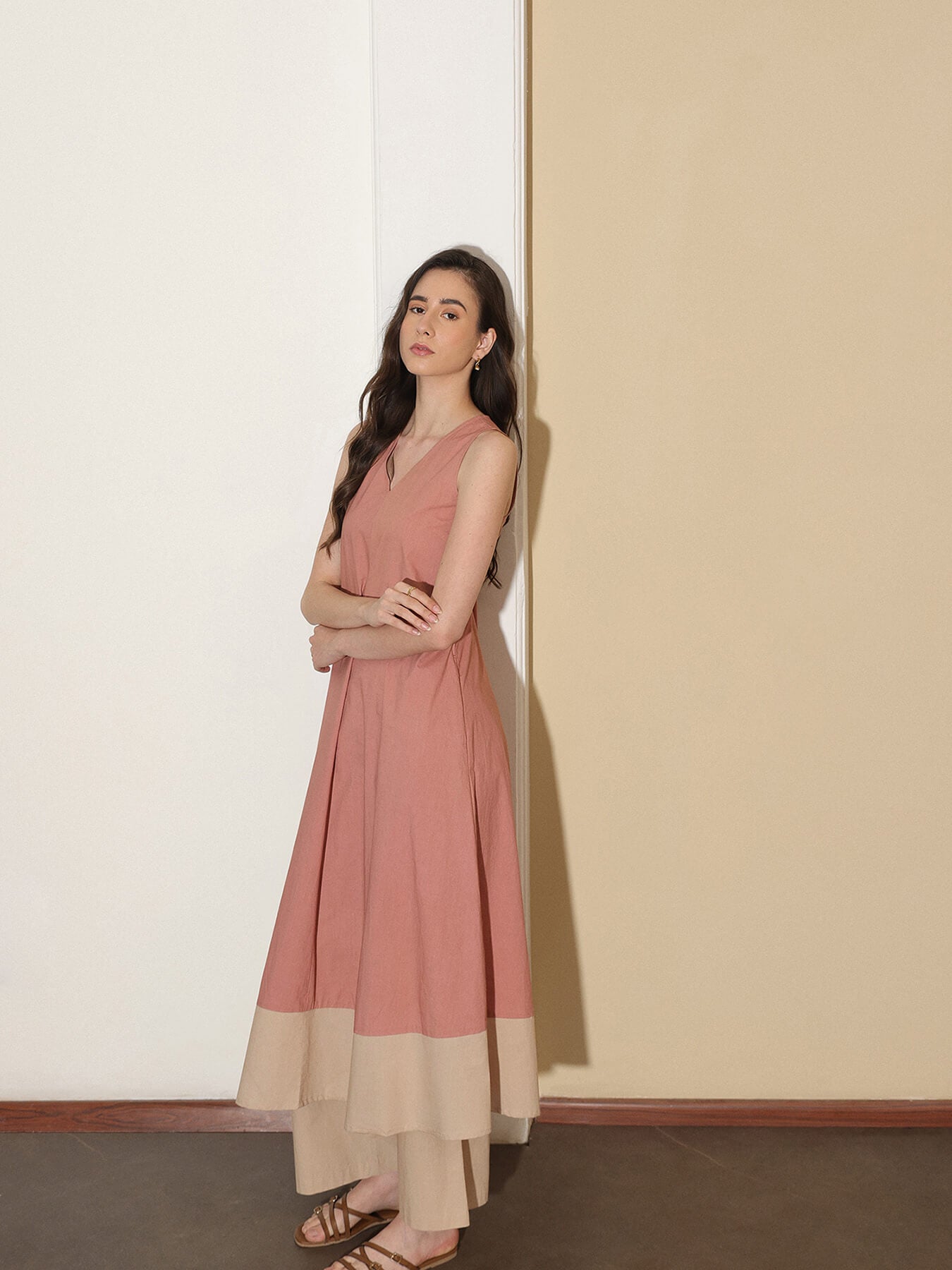 Linen Blend Colourblock A-Line Kurta Set - Peach & Beige