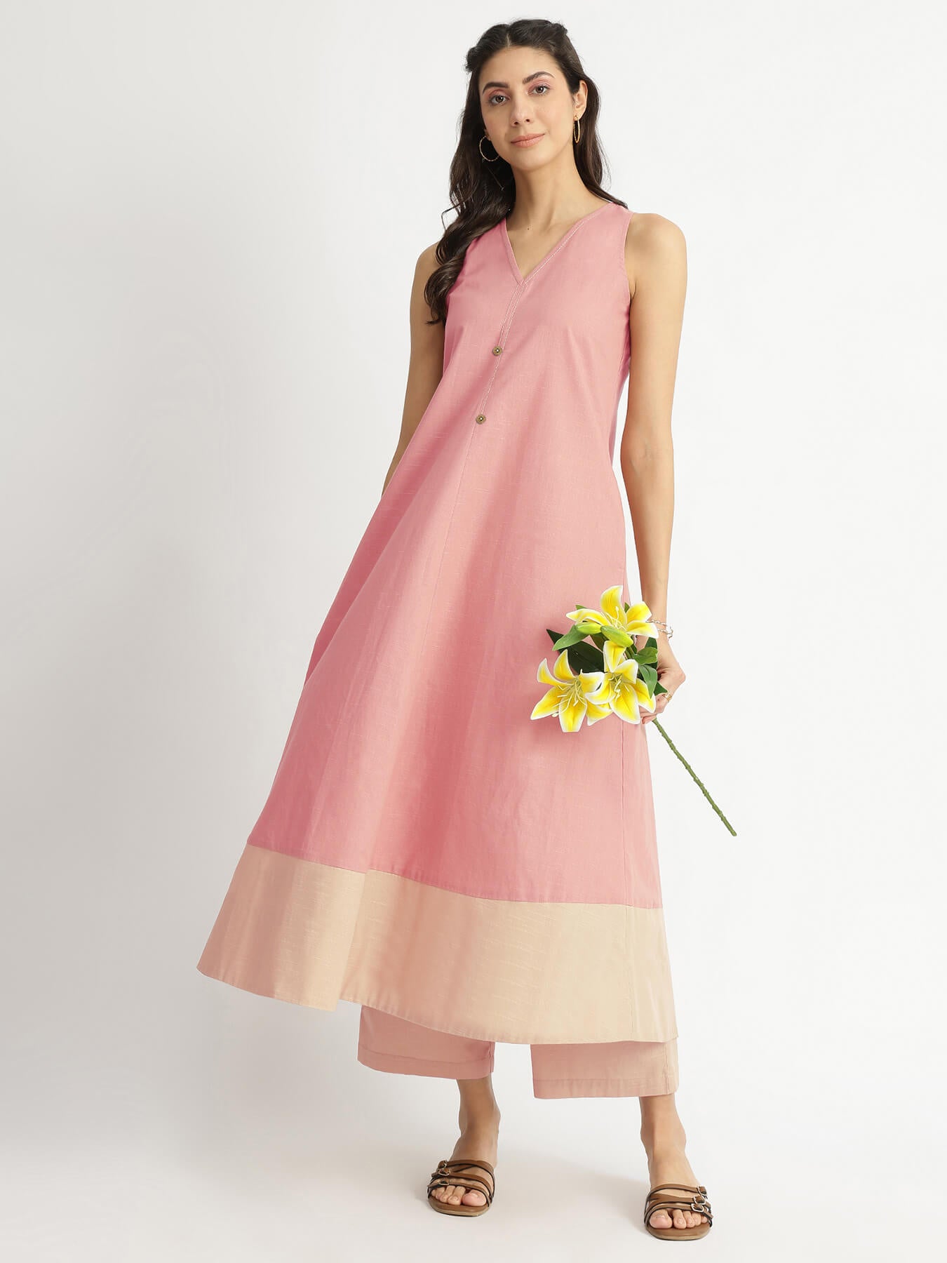 Cotton Colourblock A-Line Kurta Set - Peach & Beige