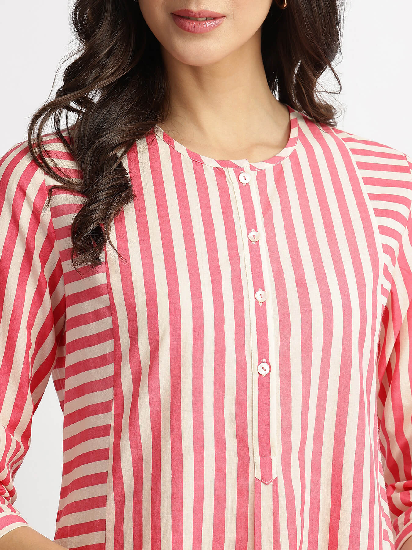 Cotton Stripe Play Kurta Set - Off-White & Pink