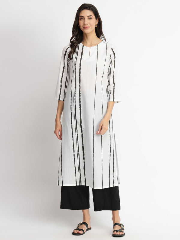 Cotton Striped A-Line Kurta Set - White & Black