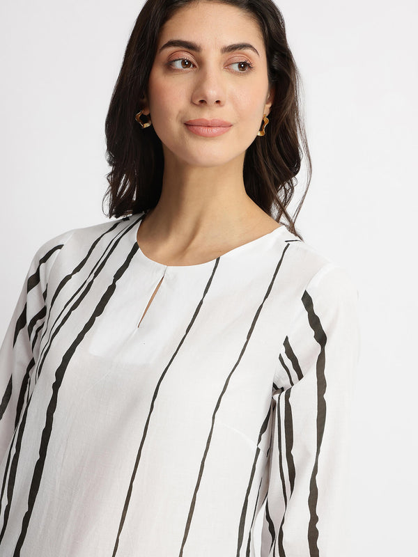 Cotton Striped A-Line Kurta Set - White & Black