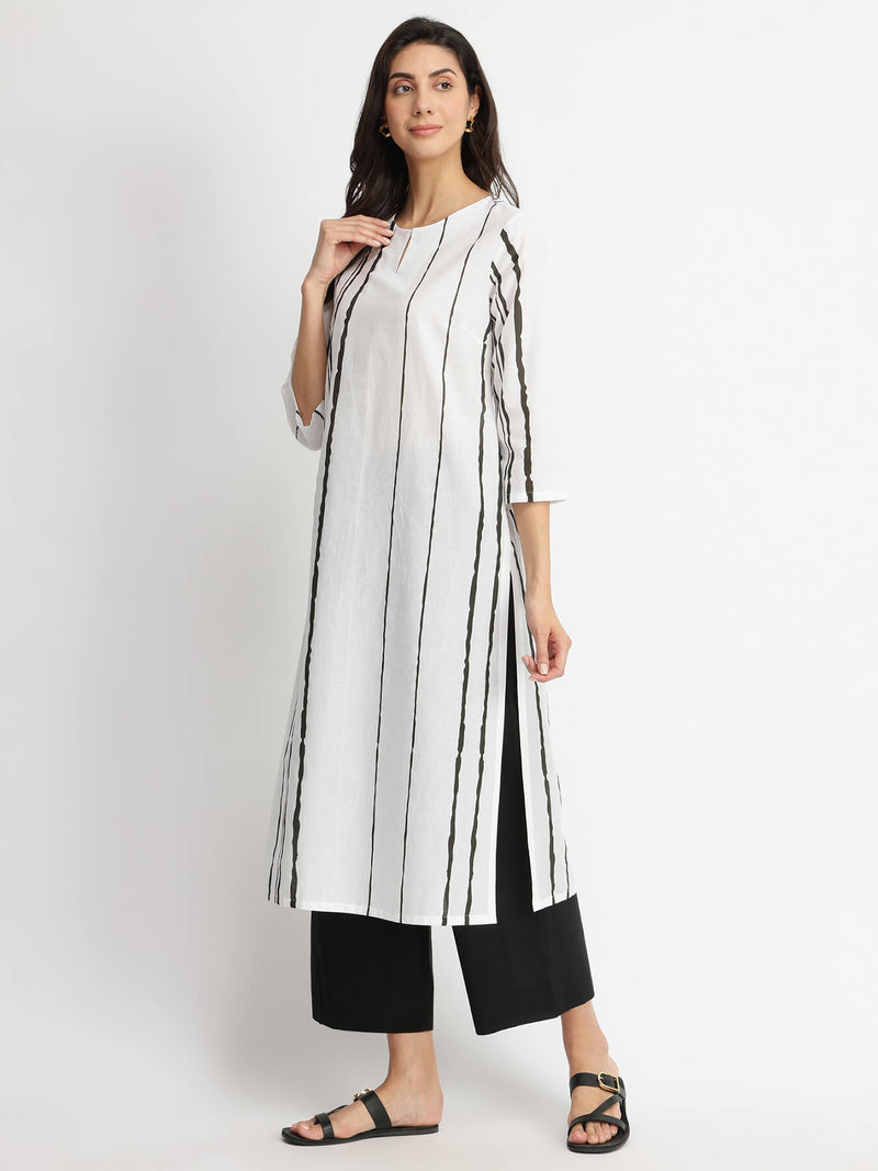 Cotton Striped A-Line Kurta Set - White & Black
