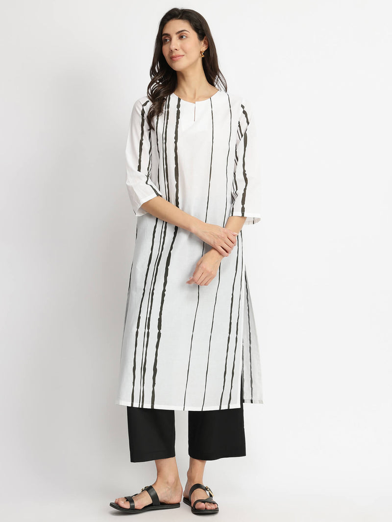 Cotton Striped A-Line Kurta Set - White & Black
