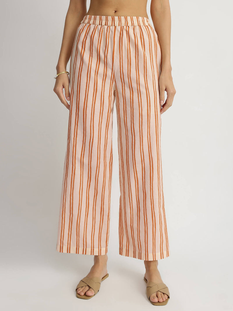 Cotton Ikat Geometric Print Kurta Set - Orange & Off-White