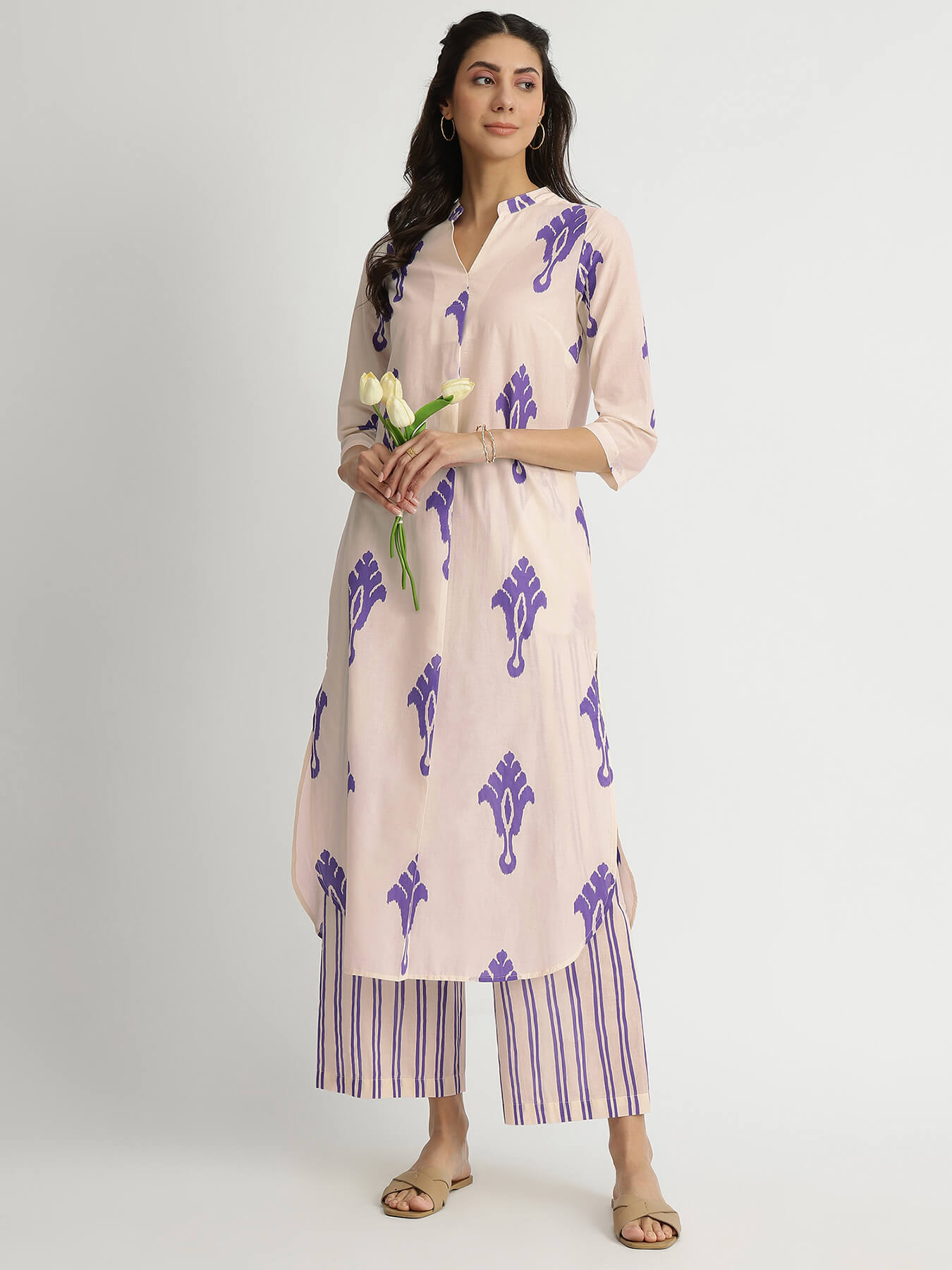 Cotton Ikat Geometric Print Kurta Set - Off-White & Purple