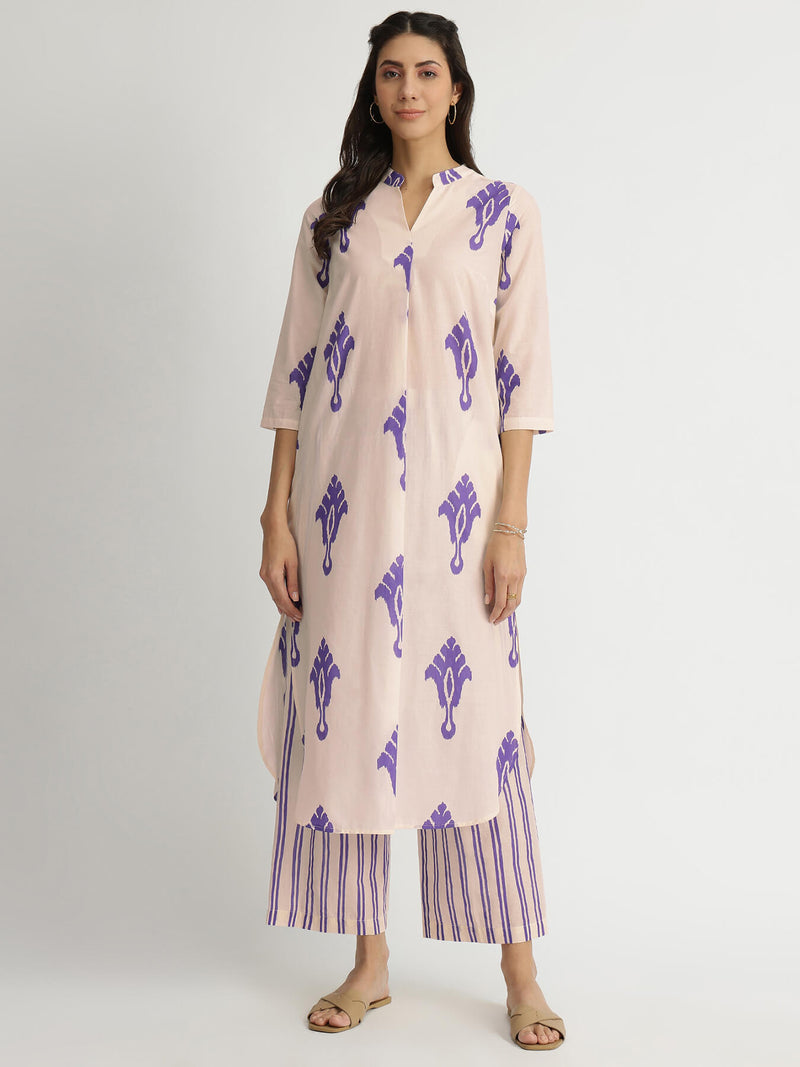 Cotton Ikat Geometric Print Kurta Set - Off-White & Purple