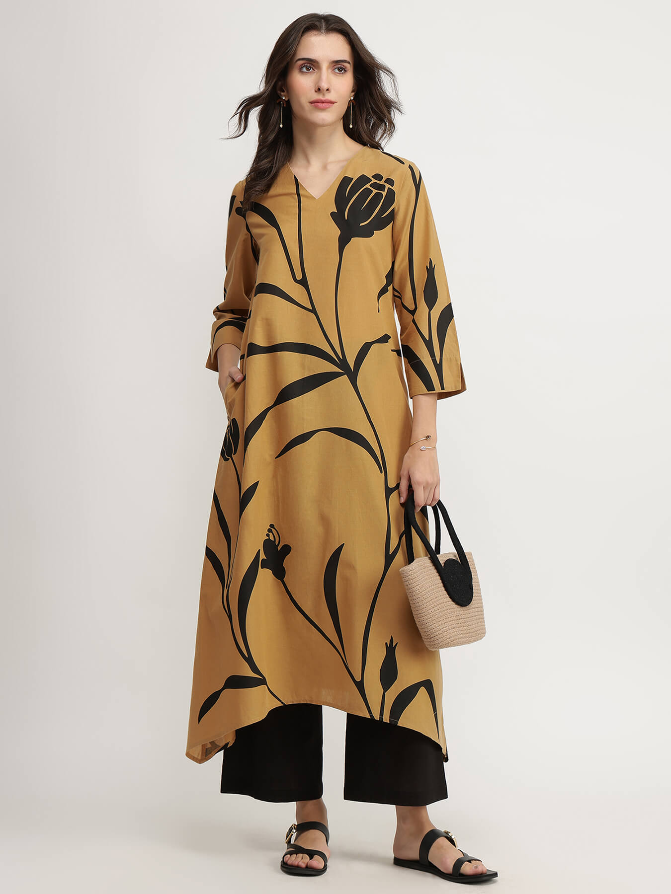 Cotton Floral Asymmetric Kurta Set - Beige & Black