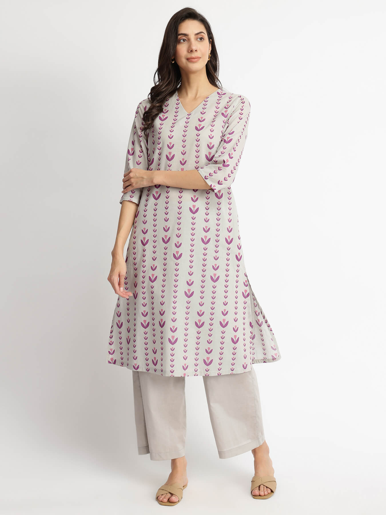 Cotton Floral Motif Kurta Set - Grey & Purple