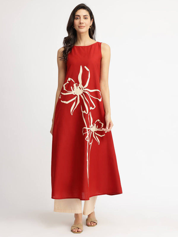 Cotton Floral Placement Print Kurta Set - Rust & Off-white
