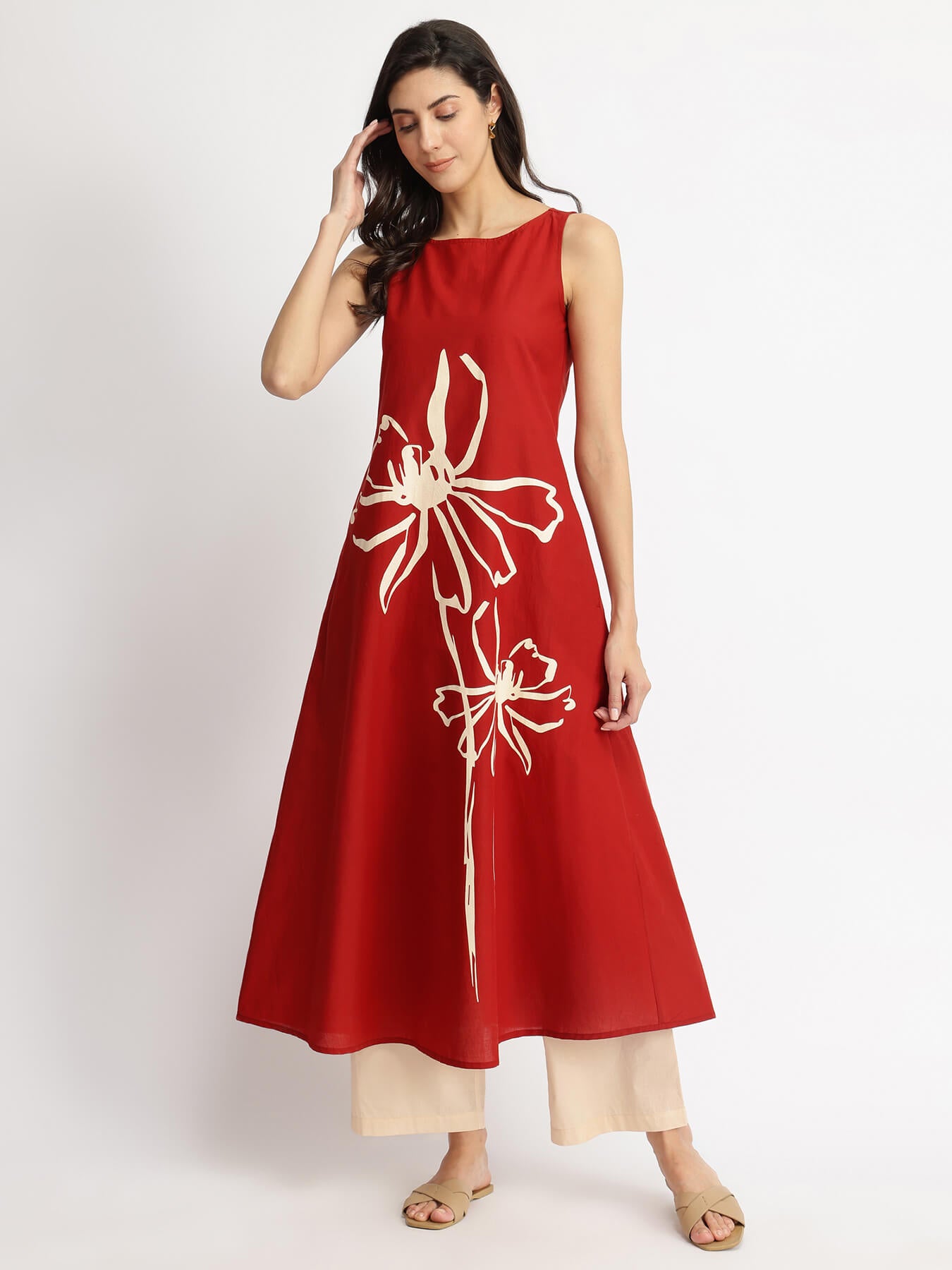 Cotton Floral Placement Print Kurta Set - Rust & Off-white