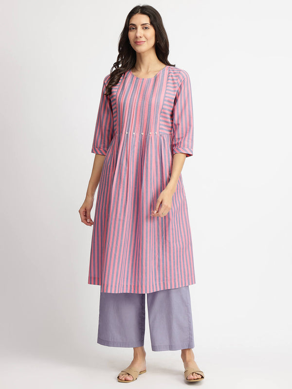 Cotton Striped Pintuck A-Line Kurta Set - Pink & Blue