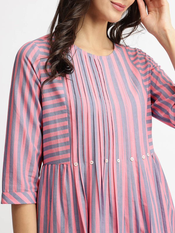 Cotton Striped Pintuck A-Line Kurta Set - Pink & Blue