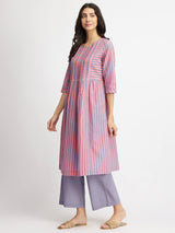 Cotton Striped Pintuck A-Line Kurta Set - Pink & Blue