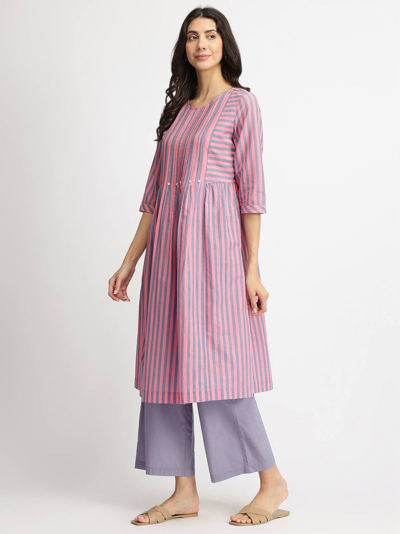 Cotton Striped Pintuck A-Line Kurta Set - Pink & Blue