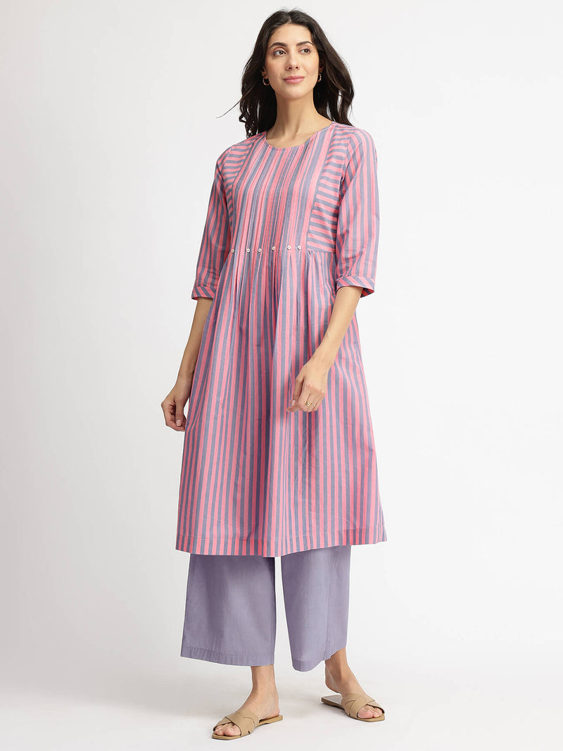 Cotton Striped Pintuck A-Line Kurta Set - Pink & Blue