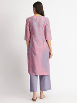 Cotton Striped Pintuck A-Line Kurta Set - Pink & Blue