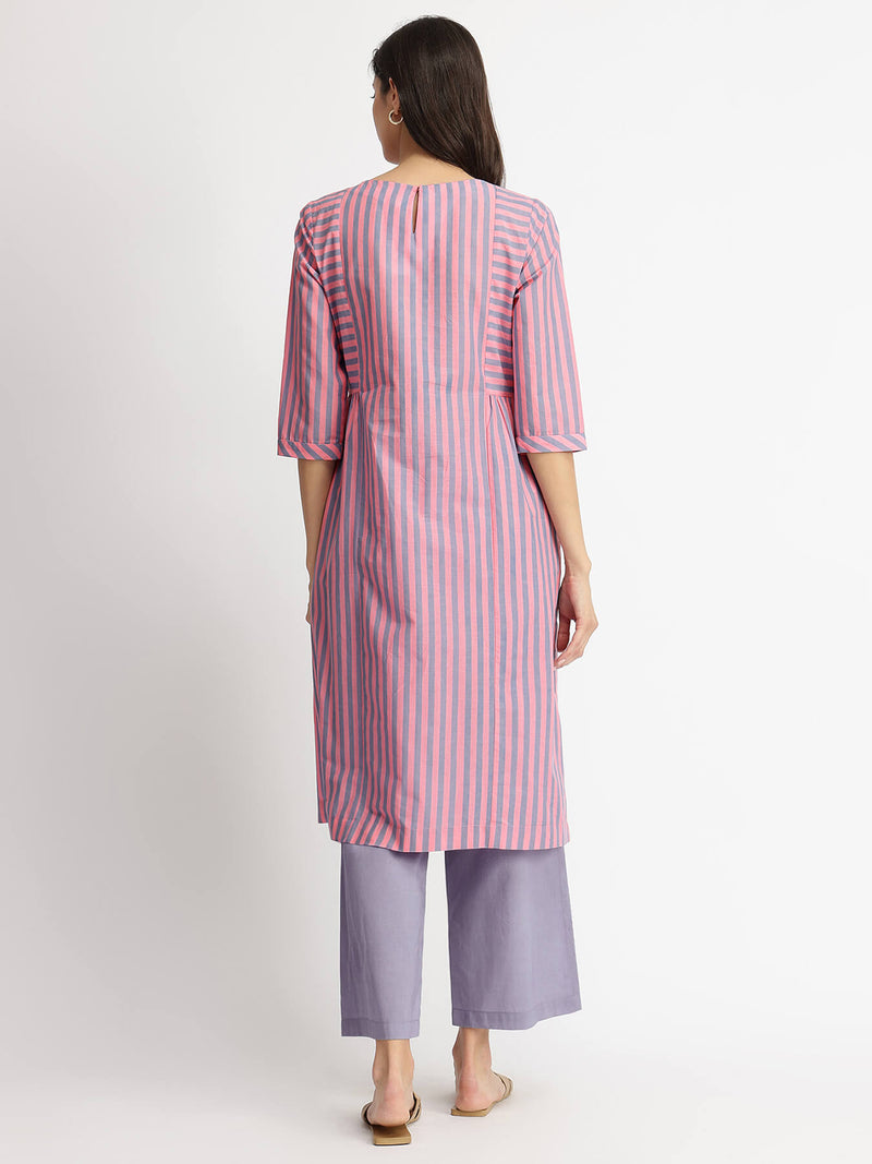 Cotton Striped Pintuck A-Line Kurta Set - Pink & Blue