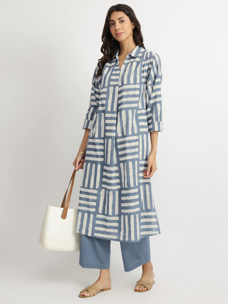 Cotton Dabu Stripe Play Kurta Set - Grey