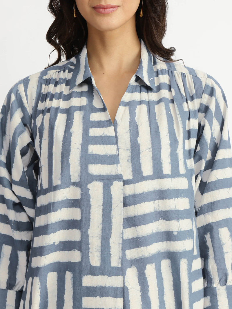 Cotton Dabu Stripe Play Kurta Set - Grey