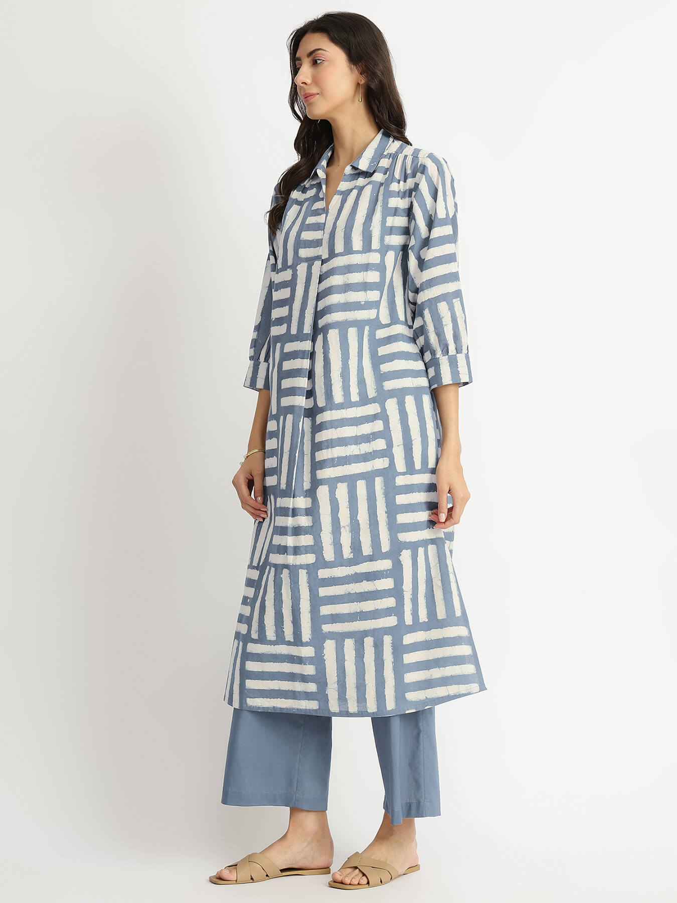 Cotton Dabu Stripe Play Kurta Set - Grey