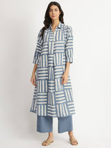 Cotton Dabu Stripe Play Kurta Set - Grey