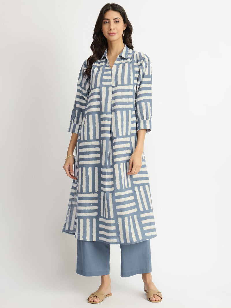 Cotton Dabu Stripe Play Kurta Set - Grey