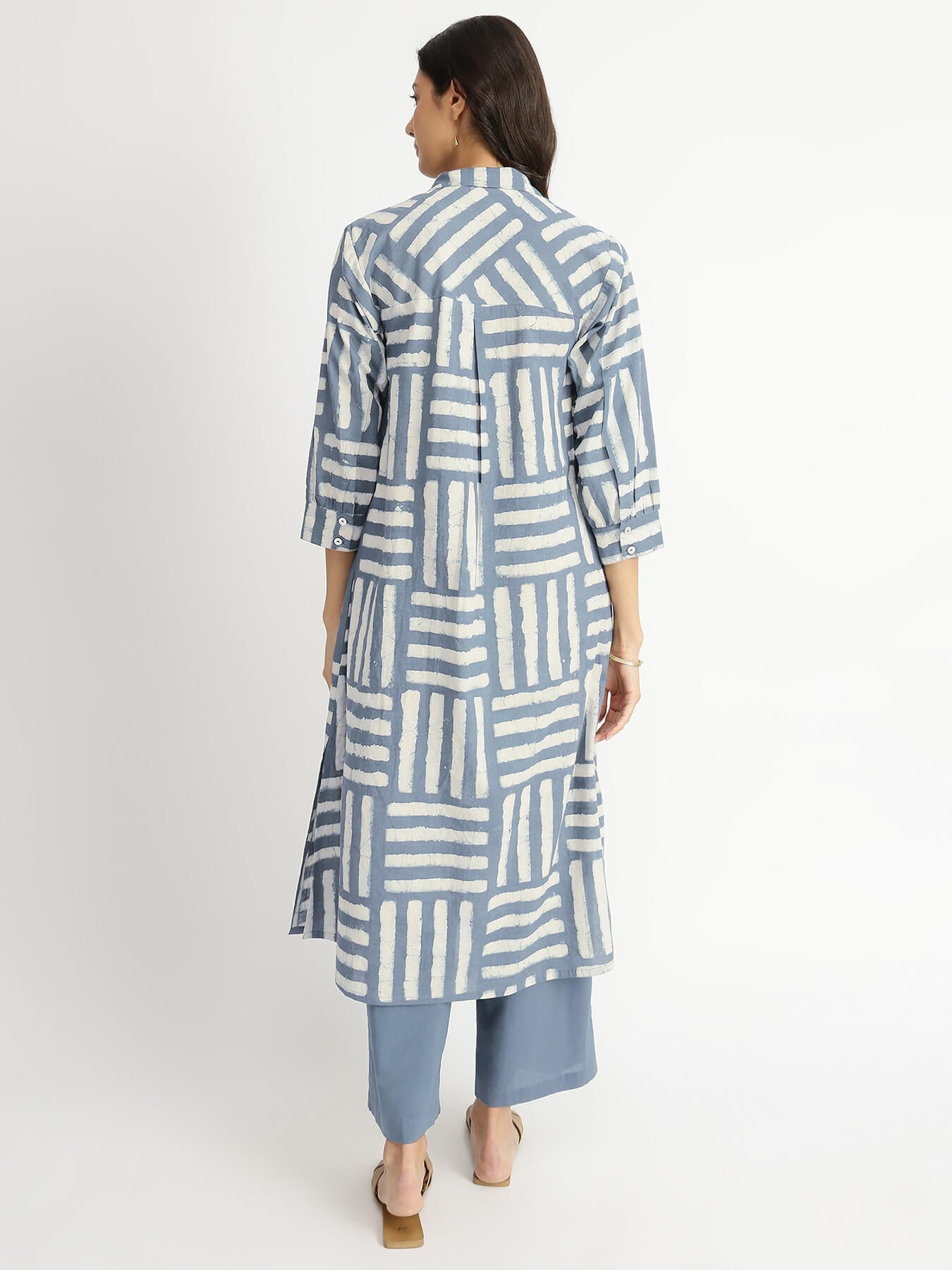 Cotton Dabu Stripe Play Kurta Set - Grey