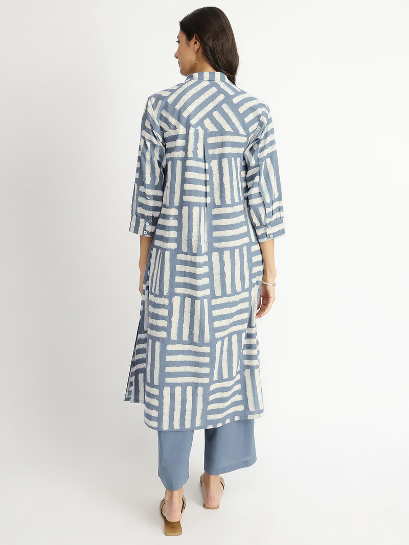 Cotton Dabu Stripe Play Kurta Set - Grey