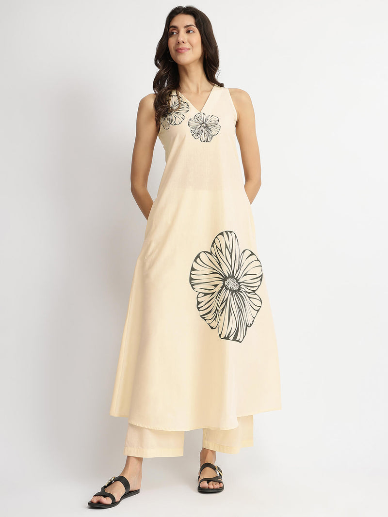Cotton Floral Placement Print Kurta Set - Off-White