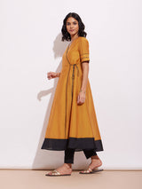 Chanderi Colourblock Kurta Set - Mustard & Black